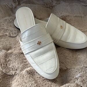 Tory Burch Cream Croc-Embossed Slides